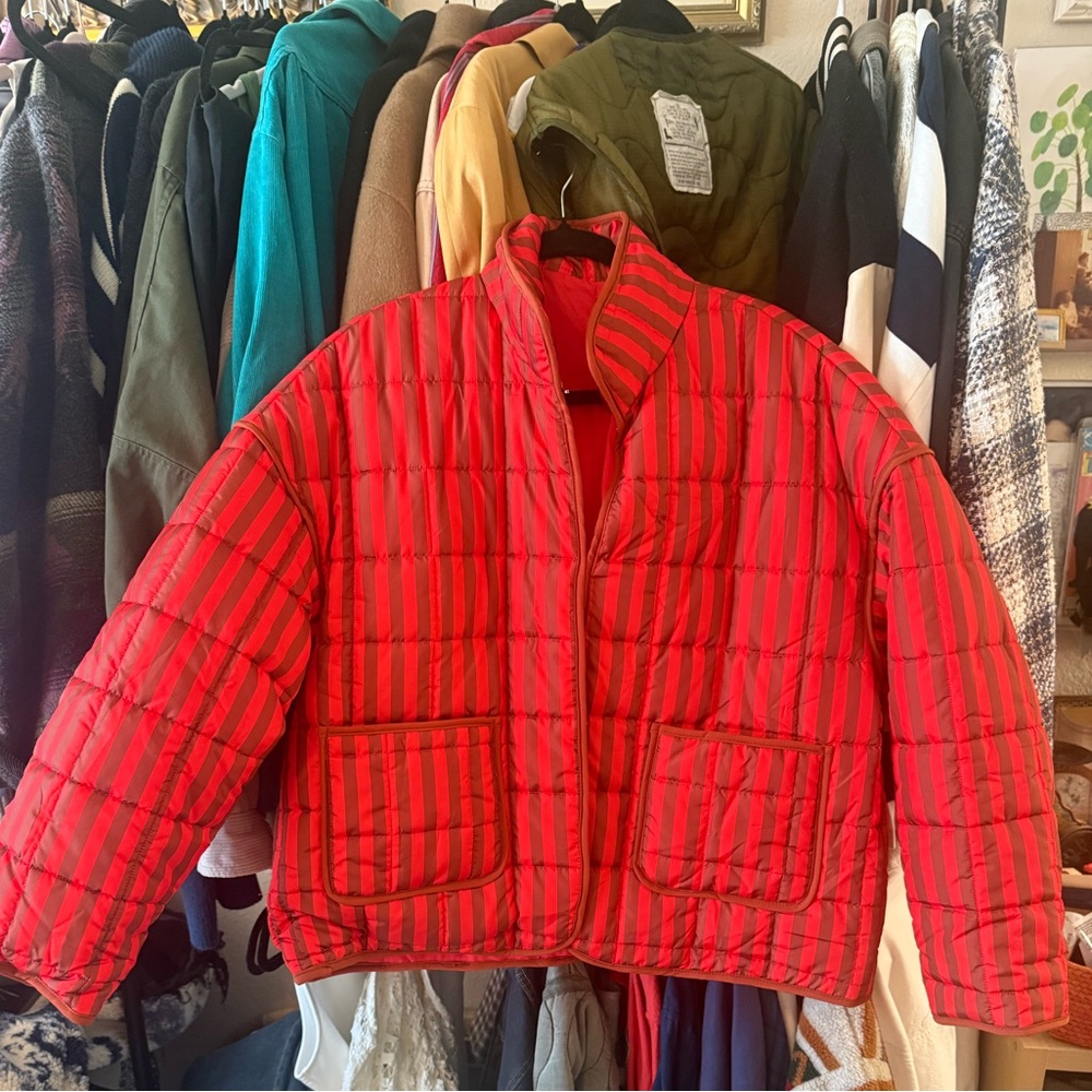 Red and Brown Striped Puffer Jacket